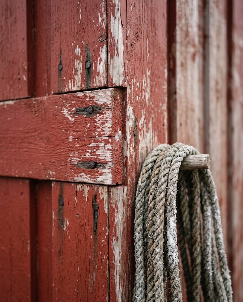 Artist's impression of a detail of a red rorbu wall: a forged nail in painted timber, salt on the wood and a coil of rope