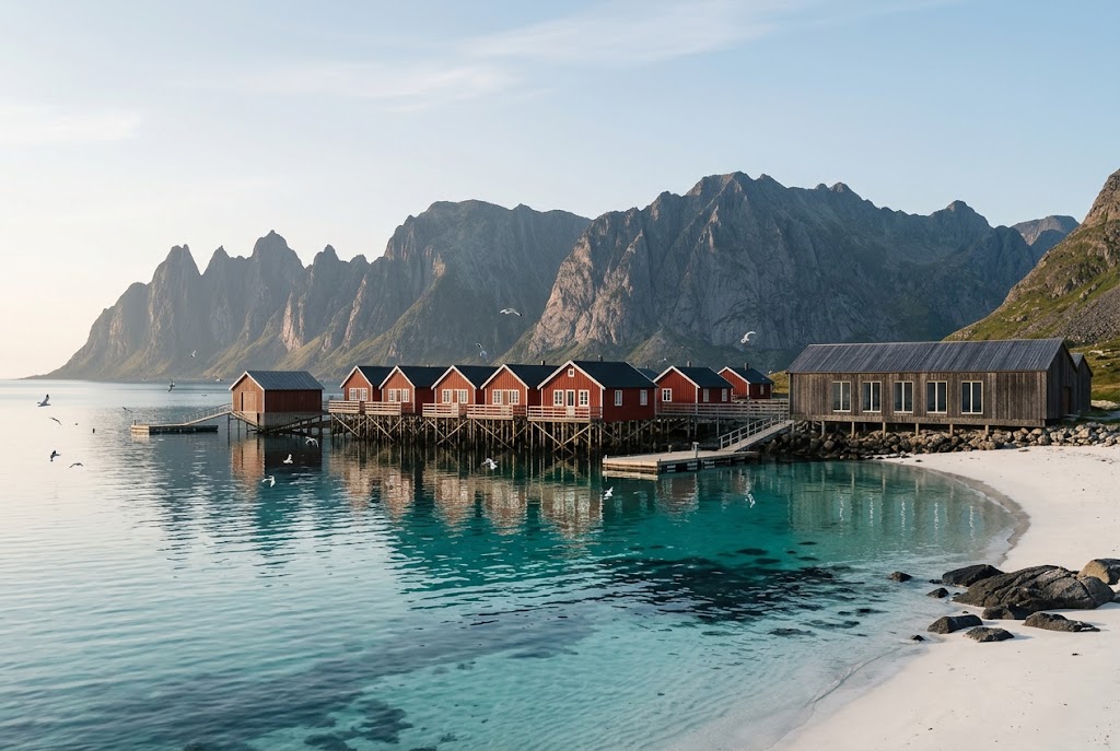Artist's impression of the planned resort seen from the water: a row of red rorbu, wooden quays, mountains and gulls