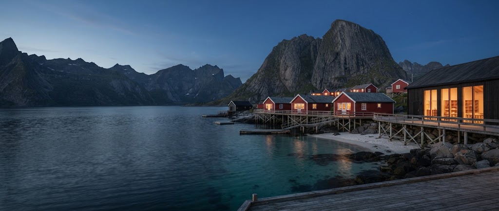 Artist's impression of the bay at dusk, with warm windows in the rorbu on the right and mountains beyond