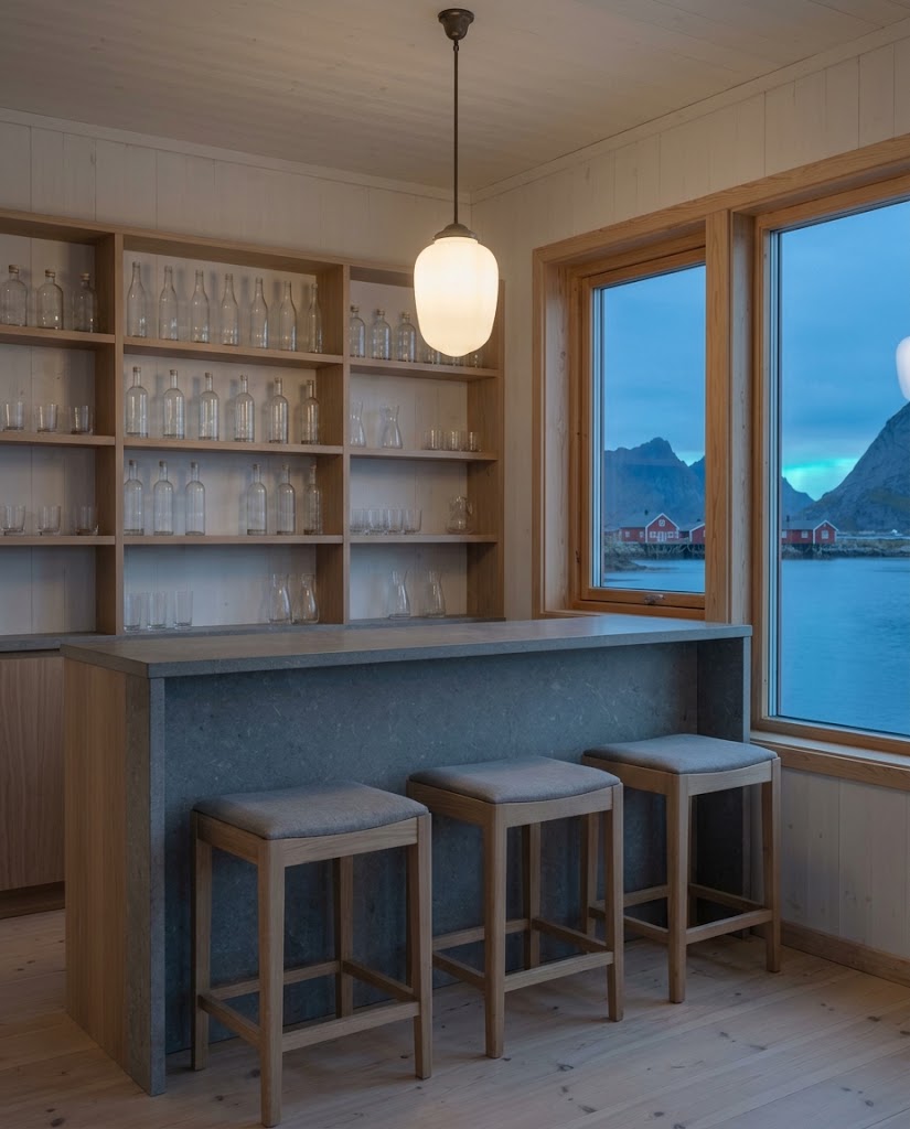 Artist's impression of a small wooden bar with a stone counter, unlabelled bottles on open shelves and a window onto the bay at dusk