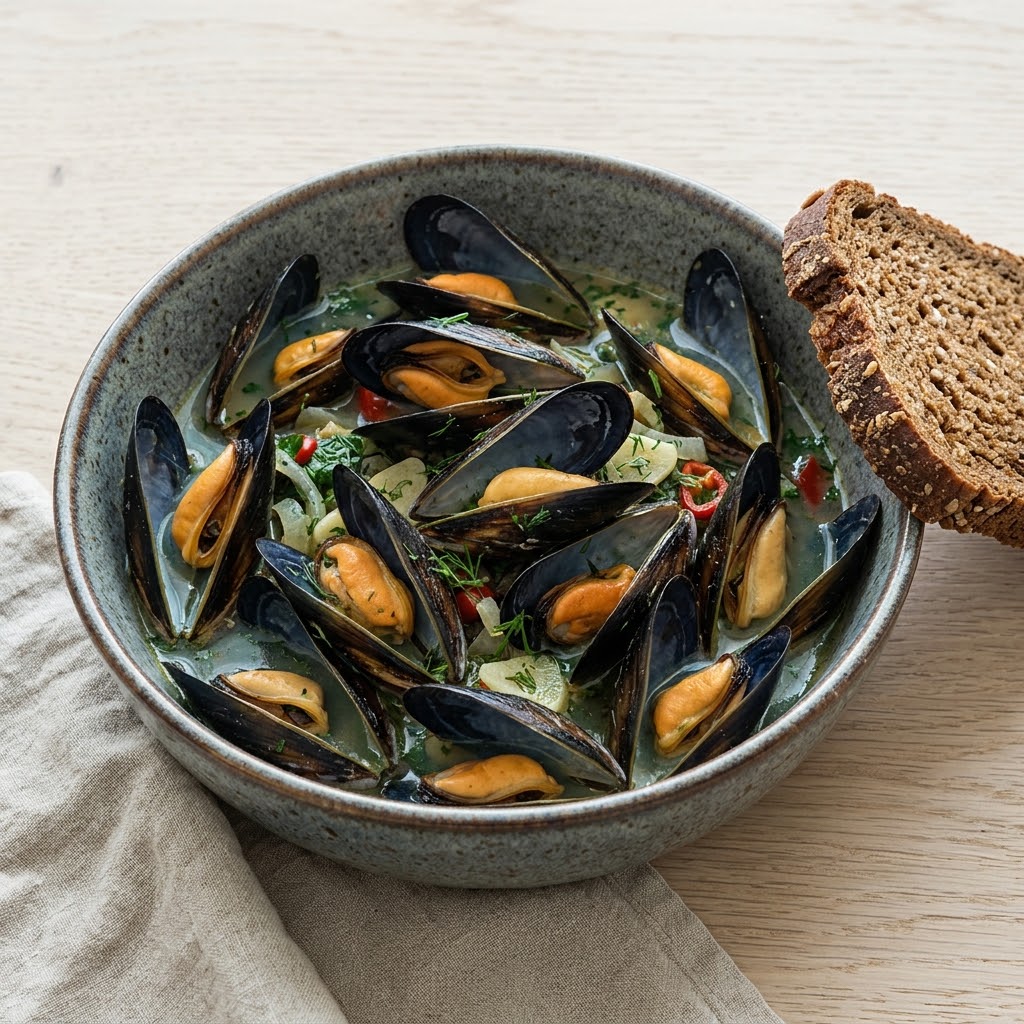 Artist's impression of a bowl of mussels in a herb broth