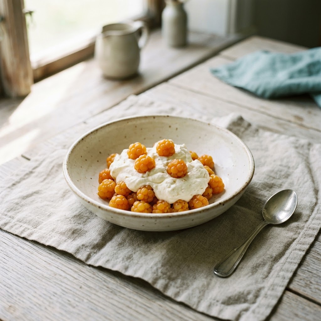 Artist's impression of a dessert of cloudberries and cream