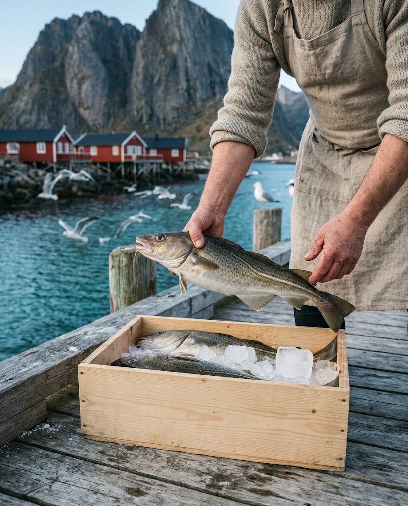 Artist's impression of a cook's hands lifting a fresh cod from a wooden crate on the quay, with red rorbu and gulls behind