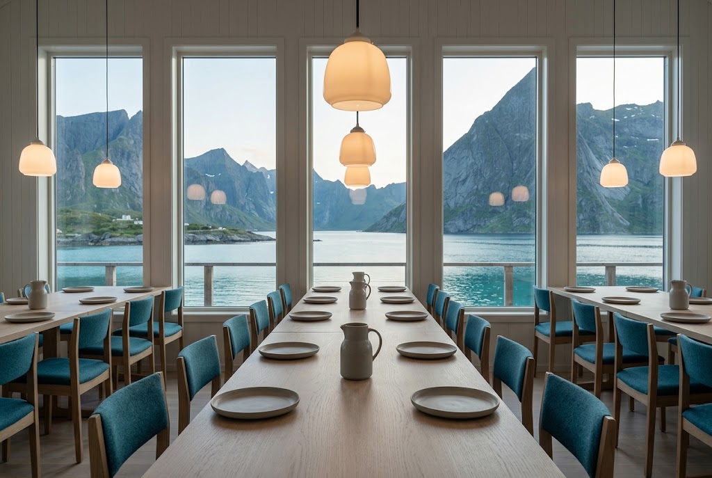 Artist's impression of the restaurant over the water: pale wood, long windows onto the mountains and handmade ceramics on the tables