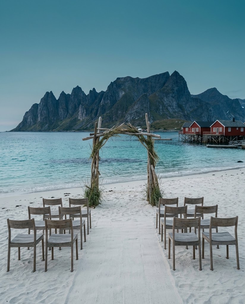 Artist's impression of a ceremony set up on a white beach: rows of wooden chairs and a driftwood arch, with no people