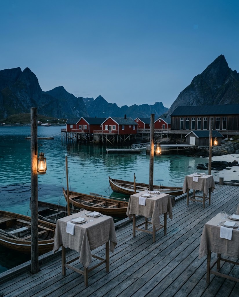 Artist's impression of a reception on the quay at dusk, with lanterns, laid tables and wooden boats moored alongside