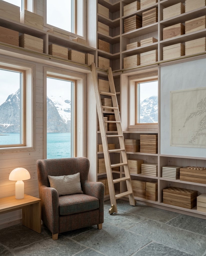 Artist's impression of the board game library: shelves of plain wooden boxes, a library ladder and an armchair