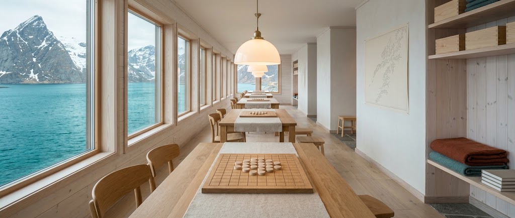 Artist's impression of the Games Room: a long room of oak tables with plain wooden boards, milk-glass lamps and tall windows onto the sea