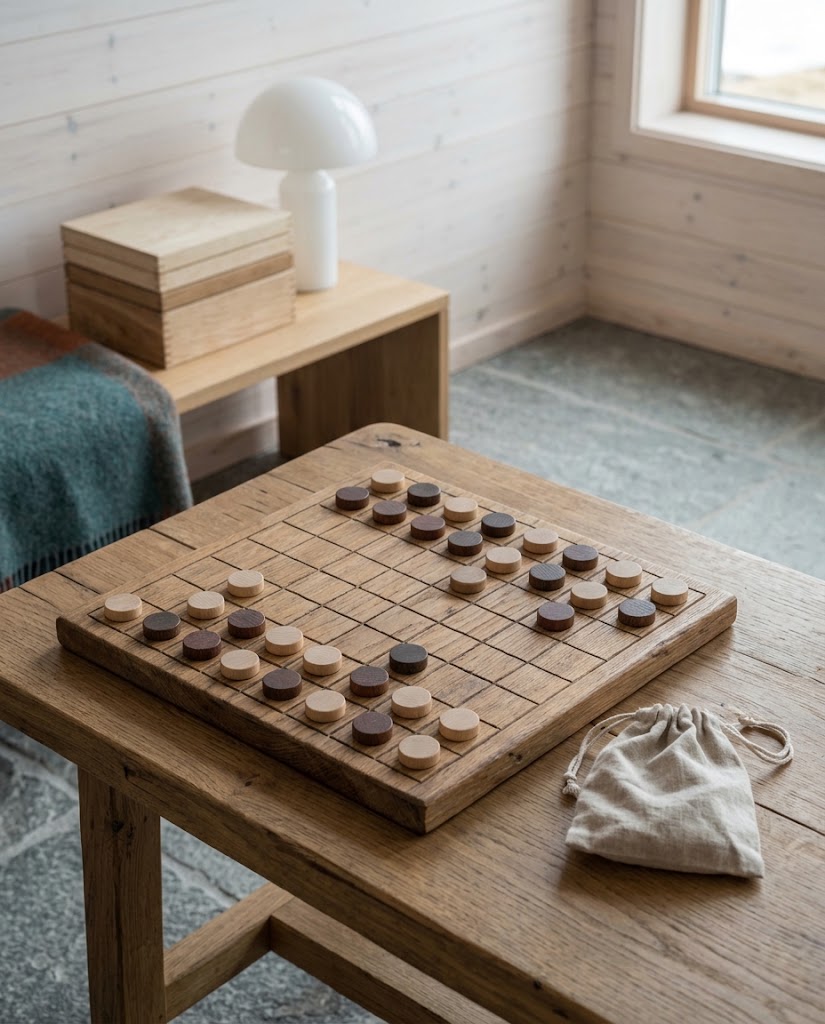 Artist's impression of a wooden game board on an oak table with round light and dark pieces and no markings