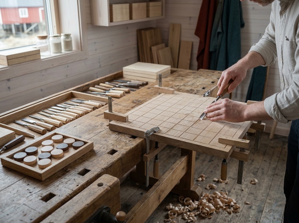 Artist's impression of the workshop: a workbench with chisels, a half-finished board held in clamps and wood shavings on the floor