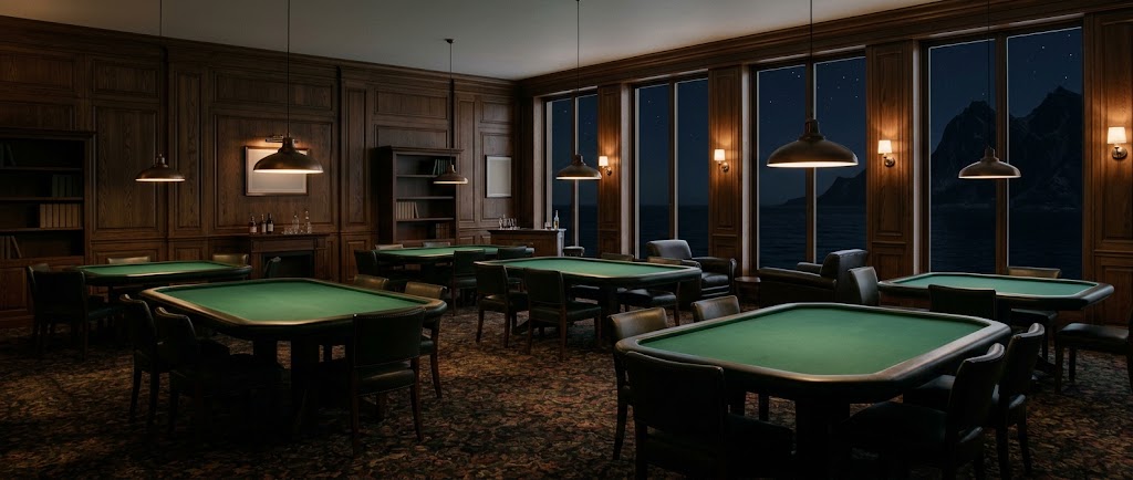 Artist's impression of the planned hotel casino lounge, with dark wood, green baize tables, low lamps and windows onto the night, empty of people