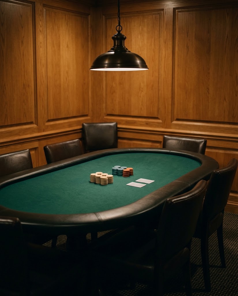 Artist's impression of a poker table under a low lamp, with plain chips and no people