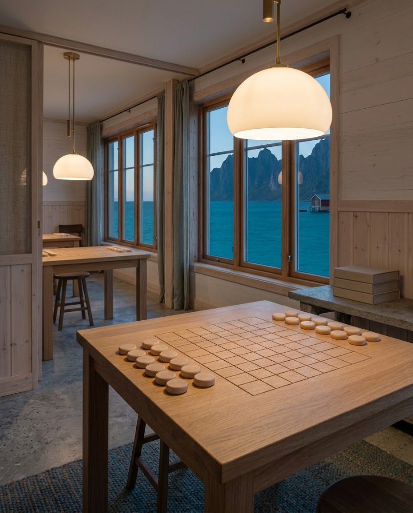 Artist's impression of the Games Room in the evening: long oak tables with wooden boards, warm lamps and windows onto the sea