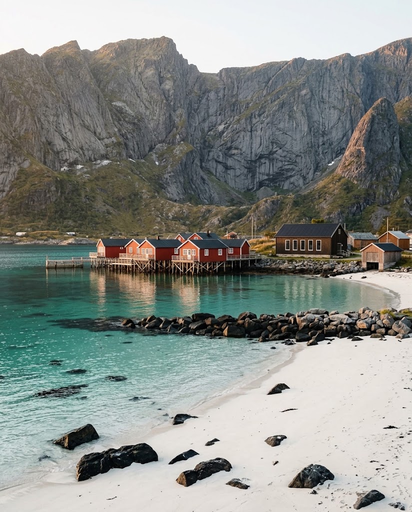 Artist's impression of a white sand beach with turquoise shallows, the resort in the distance under a low sun