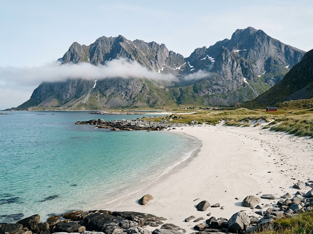 Artist's impression of a white sand beach with turquoise water and mountains behind