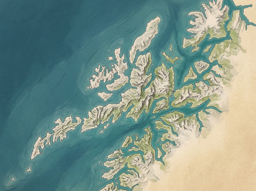Artist's impression of an illustrated map of the Lofoten archipelago and the nearby mainland, without any lettering