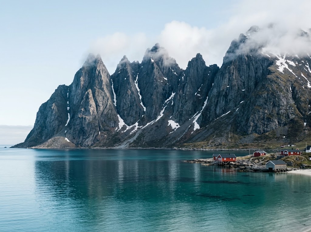 Artist's impression of jagged grey peaks rising straight from the sea, with snow on the ridges