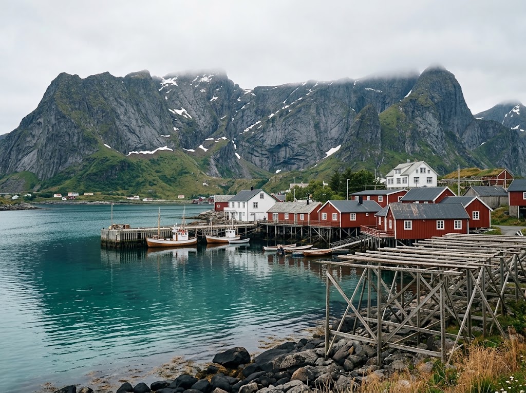 Artist's impression of a fishing village of red houses on the water, with wooden racks for drying fish