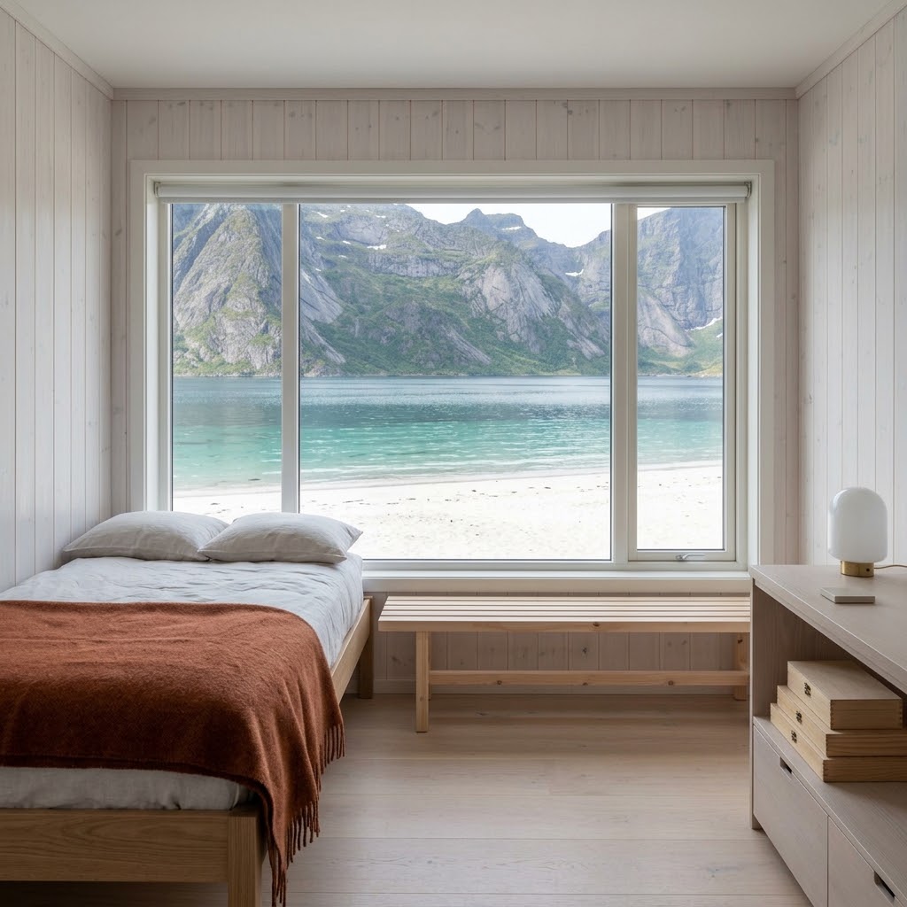 Artist's impression of the Beach Room: a bright room with a wide window onto the white beach