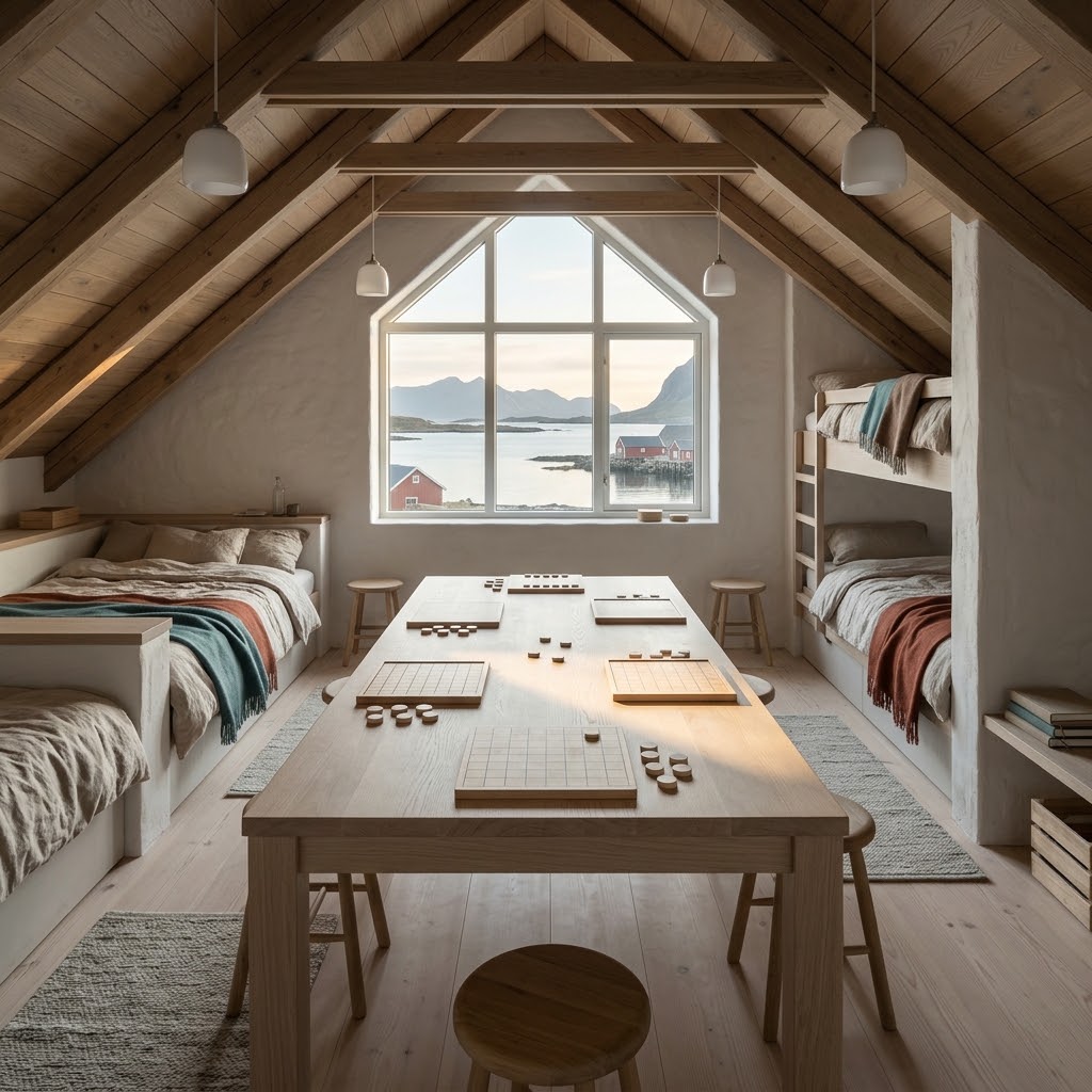 Artist's impression of the Board Loft: an attic room under timber rafters with a large games table