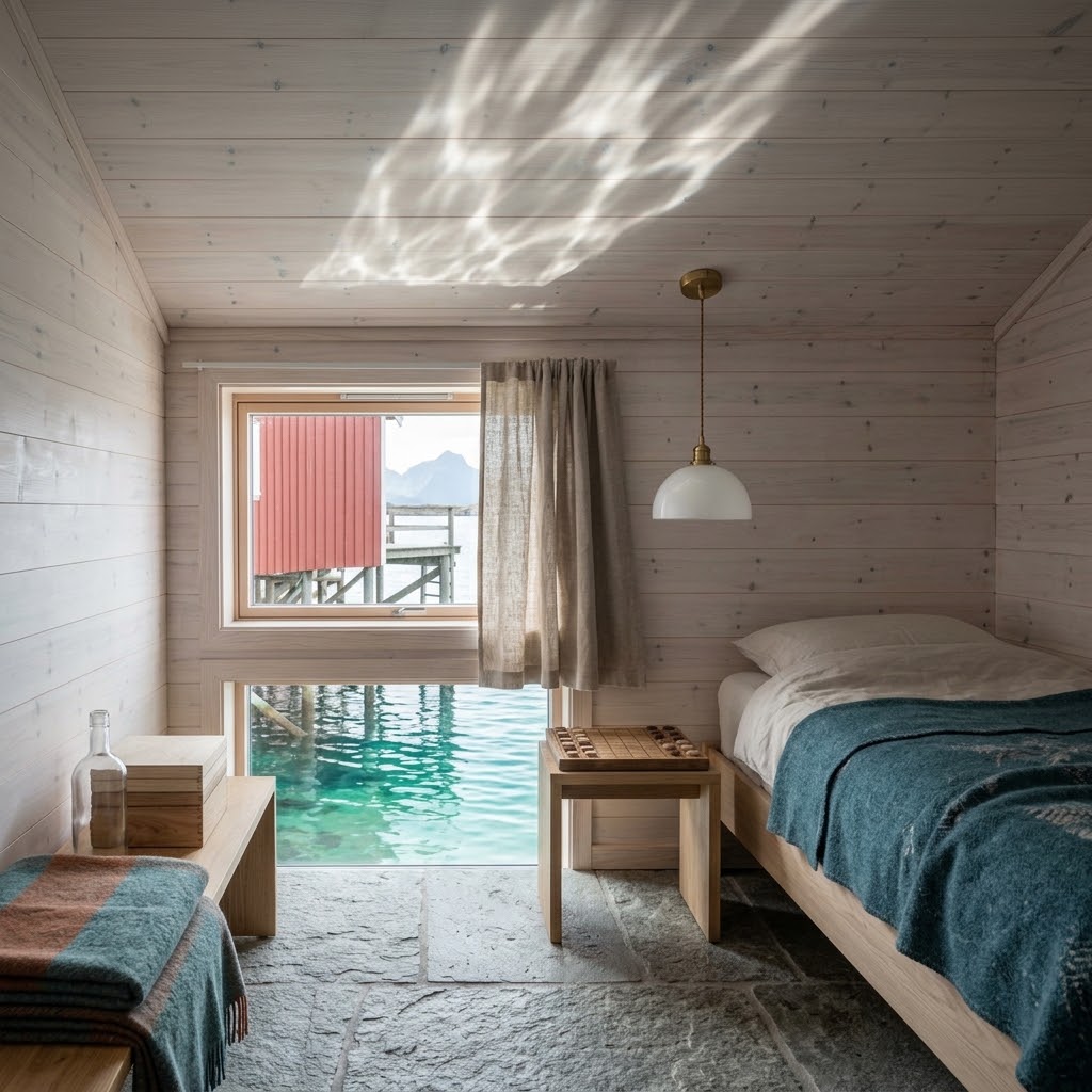 Artist's impression of the Rorbu Room: a whitewashed room inside a red rorbu, with a window onto the water