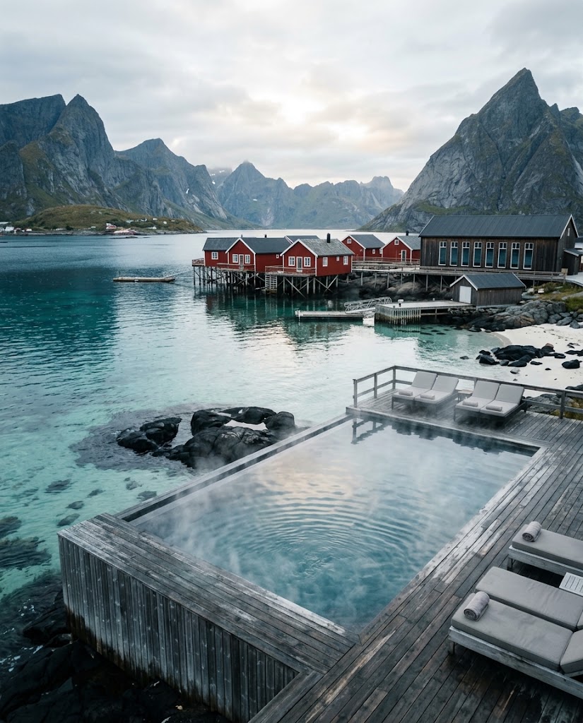 Artist's impression of a heated pool over the sea, with steam rising and mountains beyond