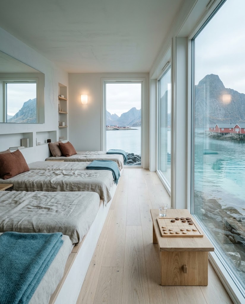 Artist's impression of a rest room with loungers, wool blankets and windows onto the water