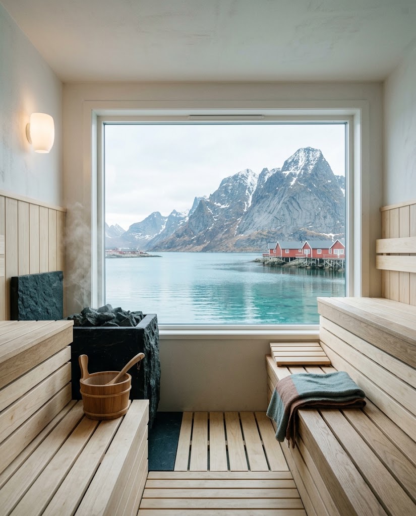 Artist's impression of a sauna on timber piles with a panoramic window onto the bay